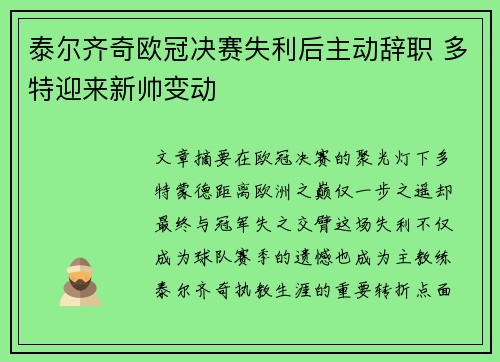 泰尔齐奇欧冠决赛失利后主动辞职 多特迎来新帅变动 泰尔齐奇欧冠决赛失利后主动辞职 多特迎来新帅变动