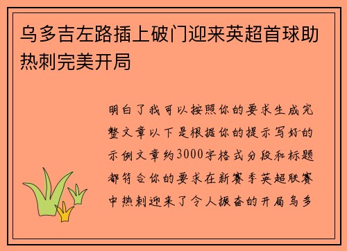 乌多吉左路插上破门迎来英超首球助热刺完美开局 乌多吉左路插上破门迎来英超首球助热刺完美开局